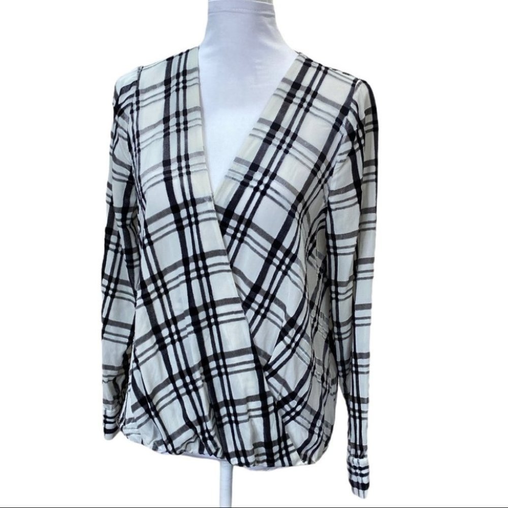 INC windowpane Faux Wrap Long Sleeve Blous…